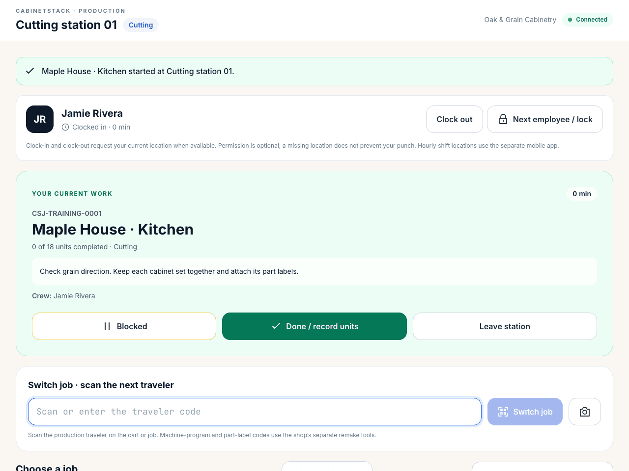 CabinetStack production station with employee job controls and a ready job queue